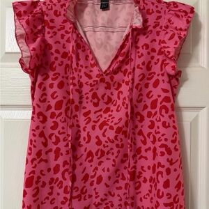 SHEIN Pink Leopard Print Ruffle Blouse Size S